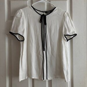 Zara Blouse Top White Short Sleeve Top Black Trim Bow sz S Viscose